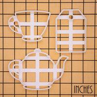 set of 3 tea party themed cookie cutters, featuring a teapot, a teacup and a teabag