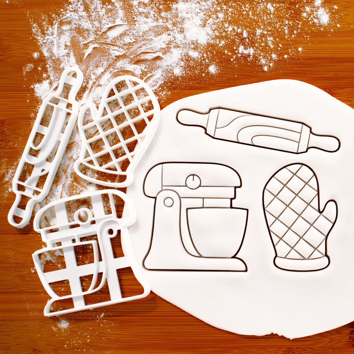 Set of 3 Baking themed Cookie Cutters: Rolling Pin, Oven Glove, & Stand Mixer