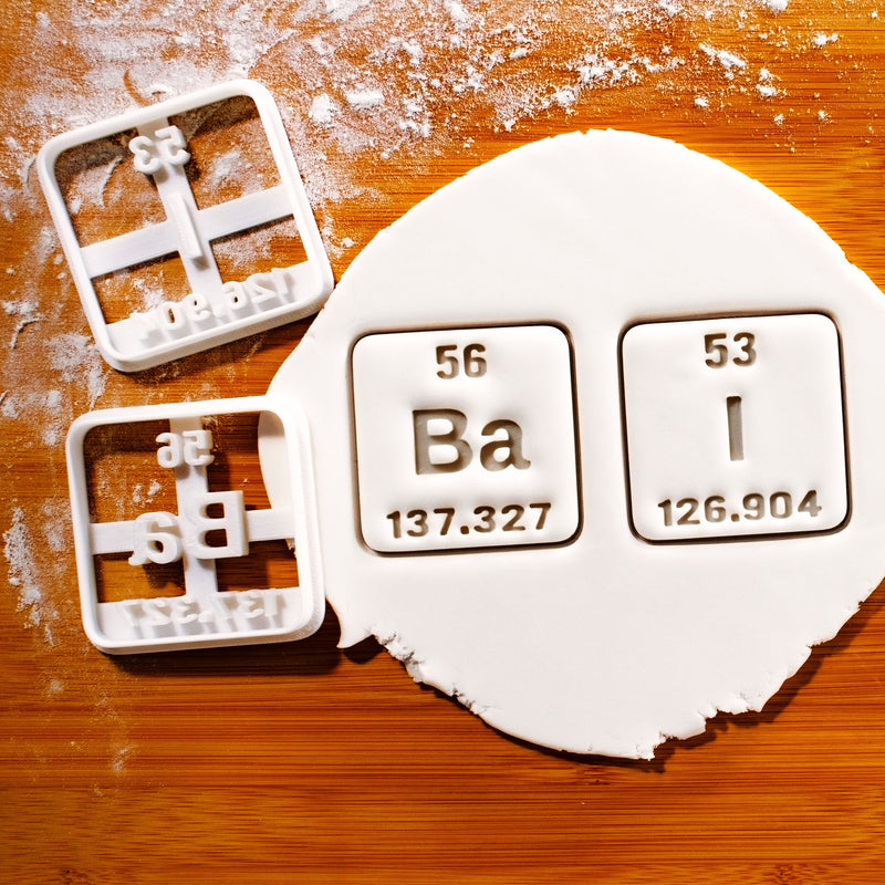 Set of 2 Iodine and Barium Periodic Table Element Cookie Cutters (Symbol Ba, I)