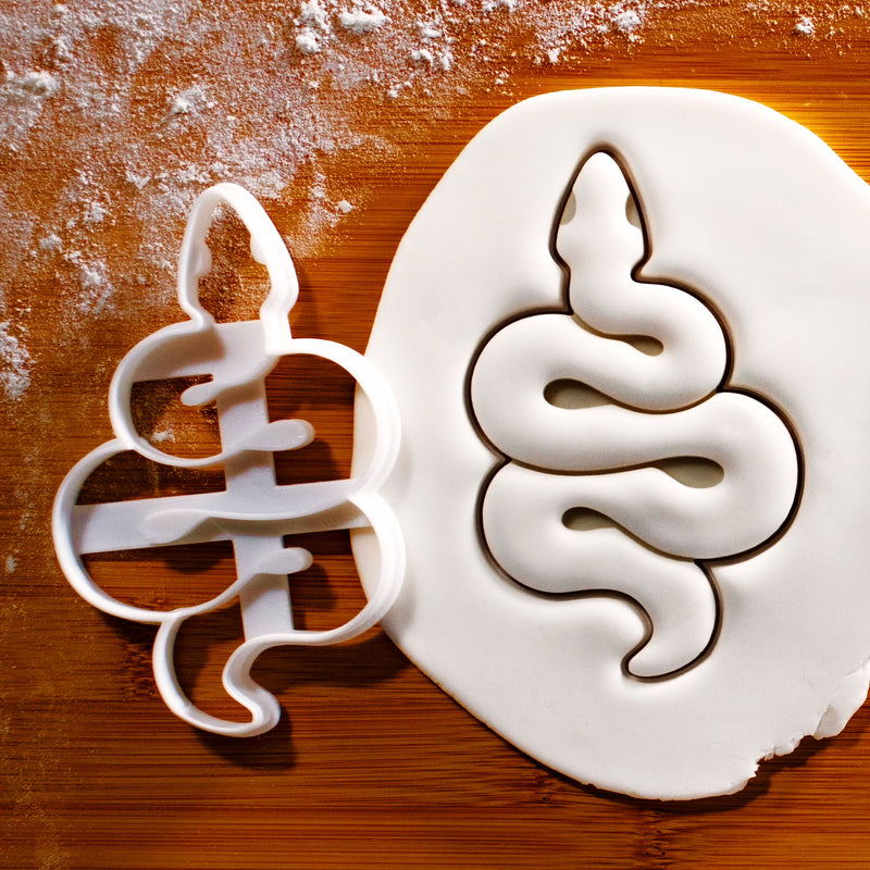 Slithering Snake Cookie Cutter pressed on white fondant icing to show imprints- Bakerlogy