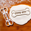 GOOD BOY Dog Bone Cookie Cutter pressed on white fondant icing to show imprints - Bakerlogy