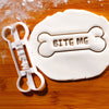 BITE ME Dog Bone Cookie Cutter pressed on white fondant icing to show imprints - bakerlogy