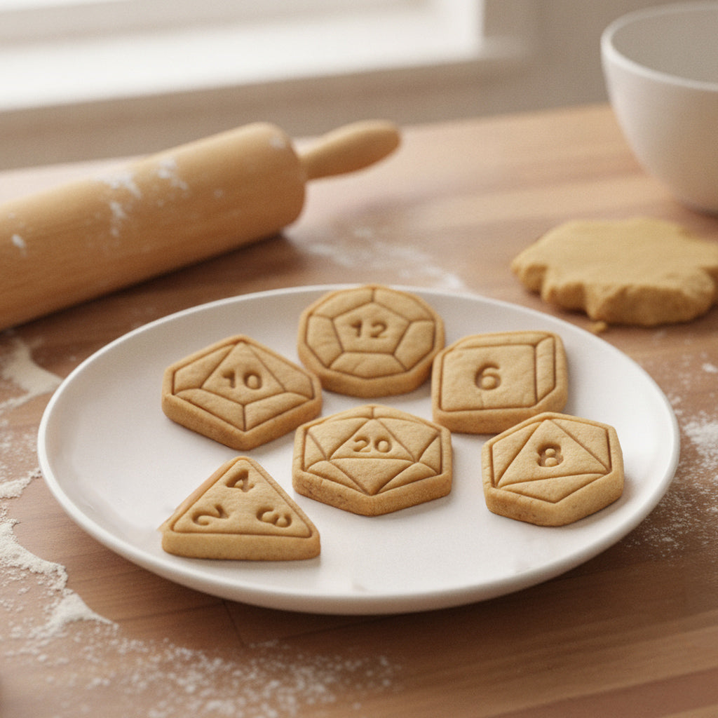Set of 6 Mini Polyhedral Dice Cookie Cutter & Stamp Sets – Natural 20, D12, D10, D8, D6 & D4