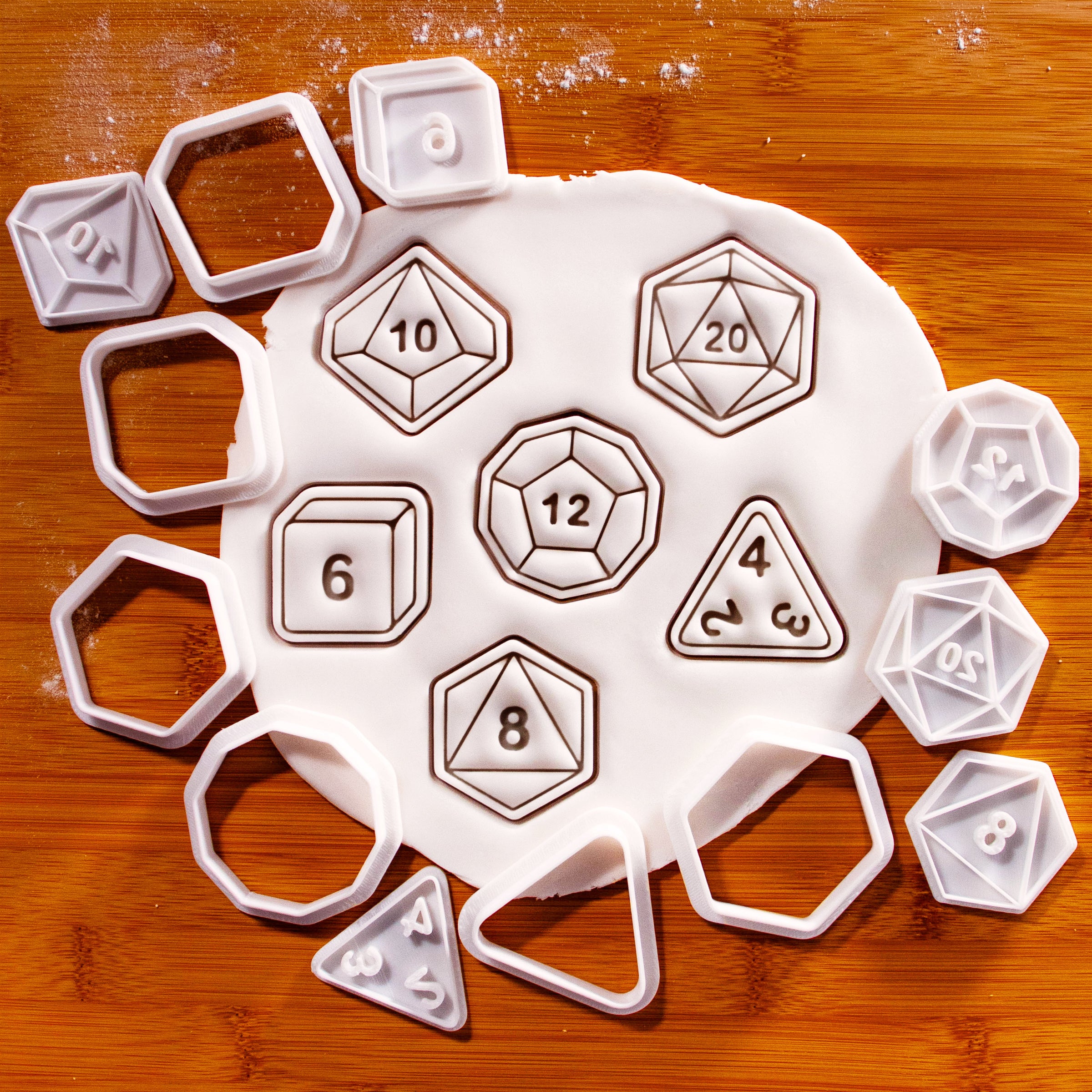 Set of 6 Mini Polyhedral Dice Cookie Cutter & Stamp Sets – Natural 20, D12, D10, D8, D6 & D4