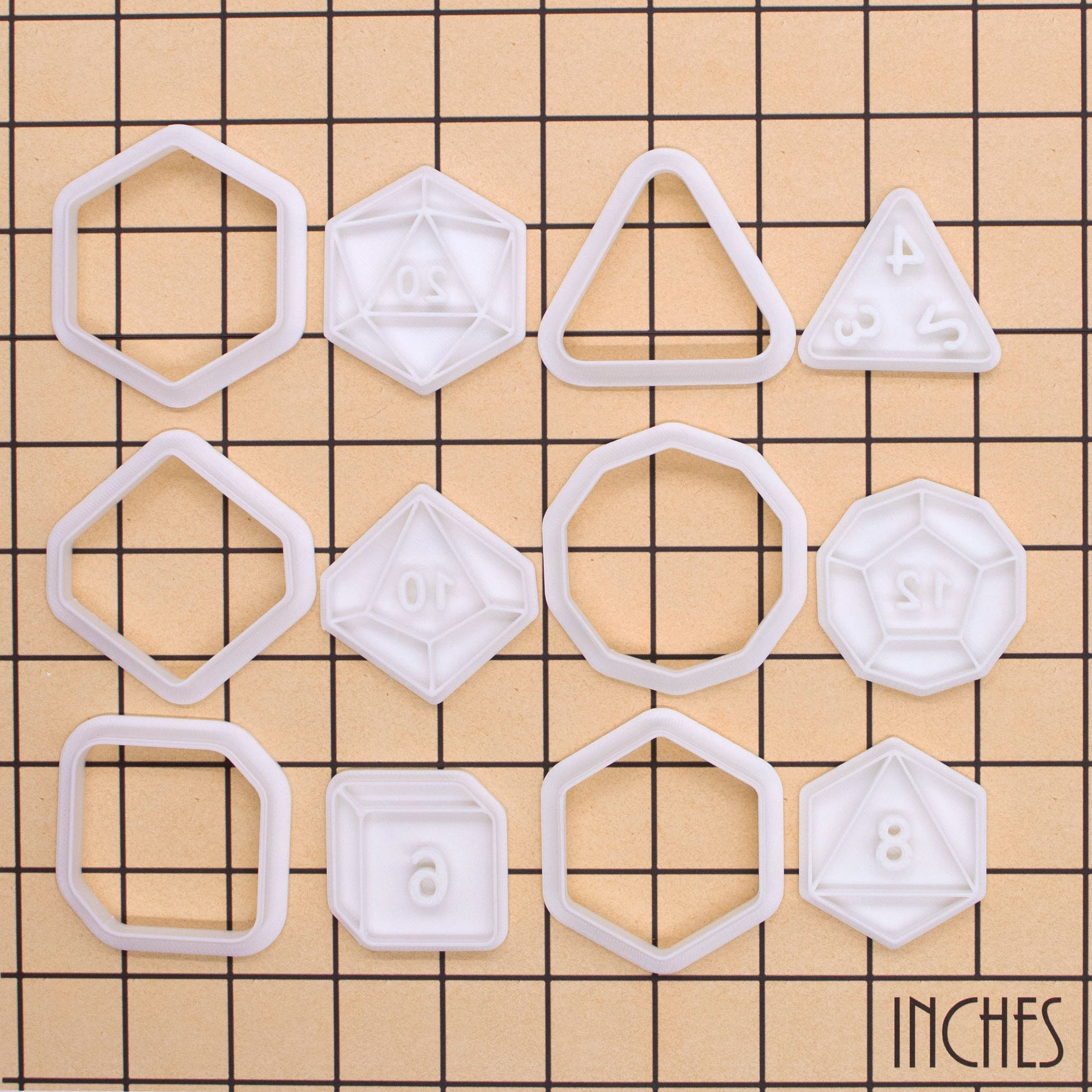 Set of 6 Mini Polyhedral Dice Cookie Cutter & Stamp Sets – Natural 20, D12, D10, D8, D6 & D4