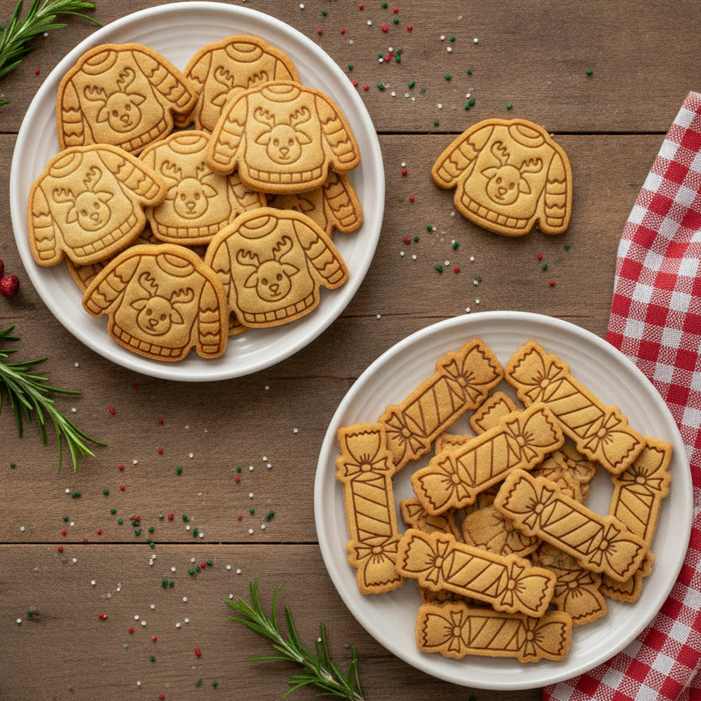 Set of 2 Christmas Cracker & Reindeer Christmas Jumper Mini Cookie Cutter & Stamp Sets