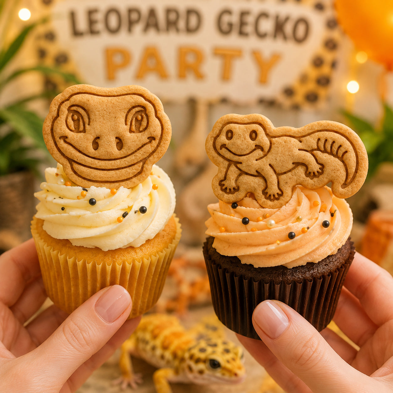 Set of 2 Smiling Gecko Face & Full Body Mini Cookie Cutter & Stamp Sets
