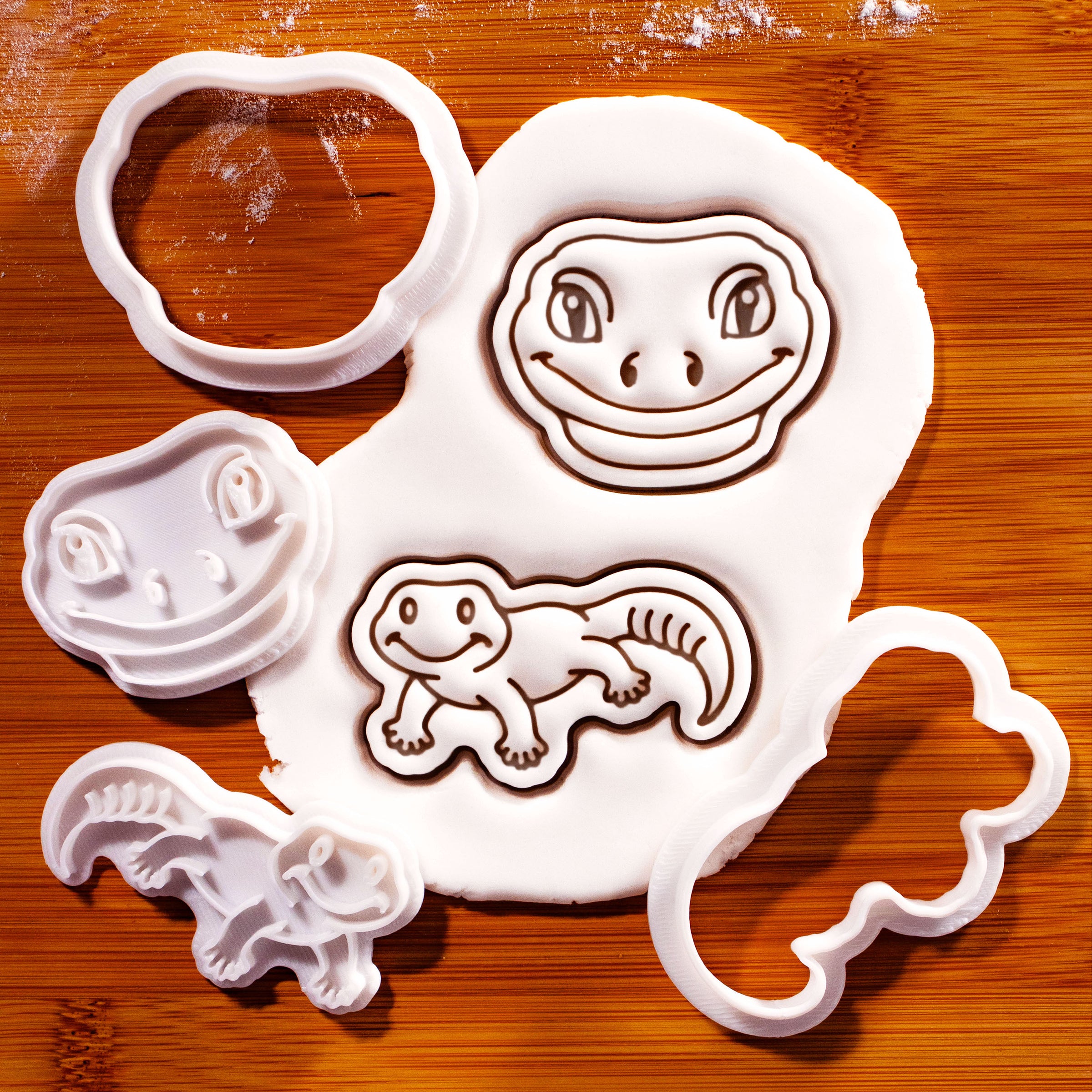 Set of 2 Smiling Gecko Face & Full Body Mini Cookie Cutter & Stamp Sets