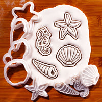 Set of 4 Seahorse, Seashell, Simple Starfish & Screw Shell Mini Cookie Cutter & Stamp Sets