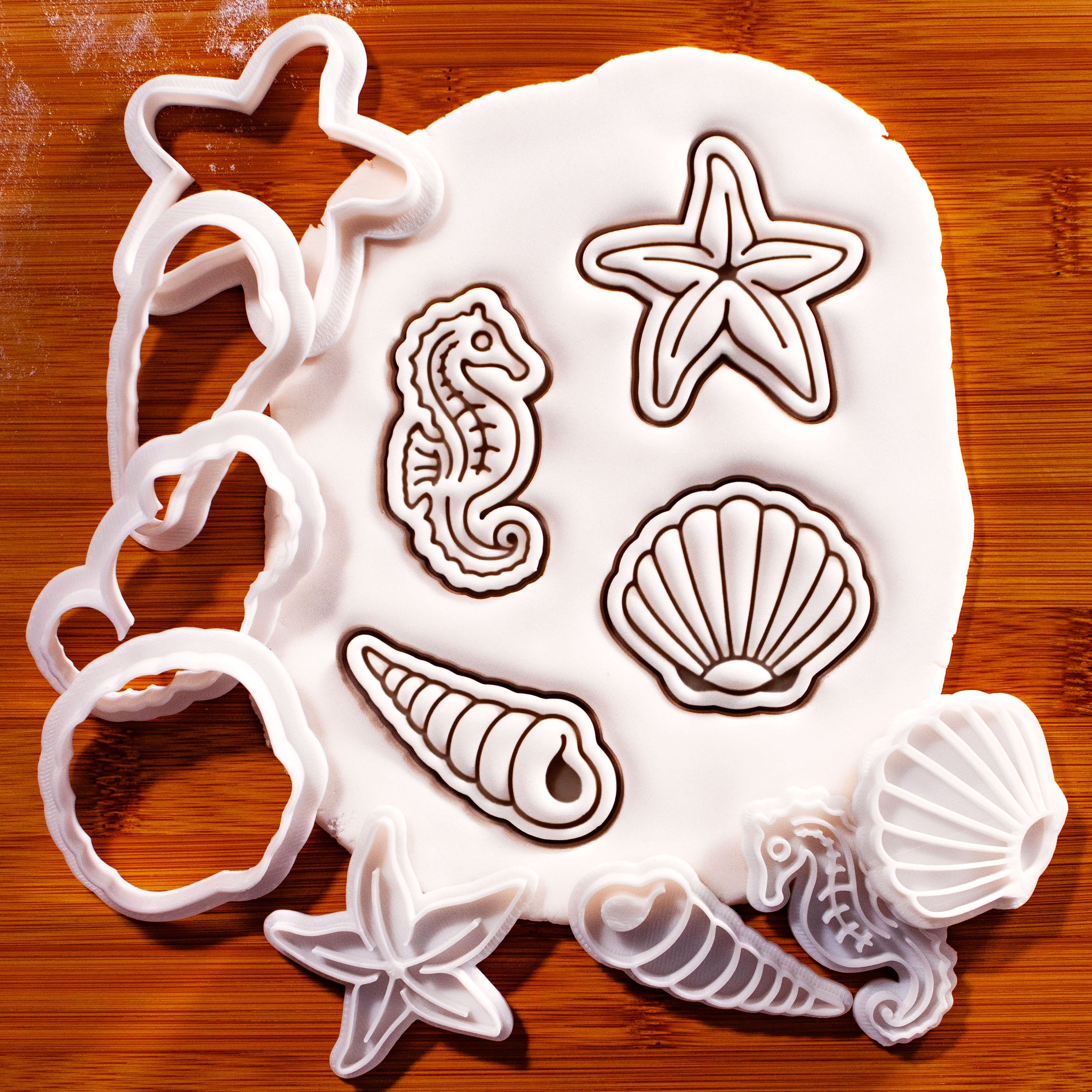 Set of 4 Seahorse, Seashell, Simple Starfish & Screw Shell Mini Cookie Cutter & Stamp Sets