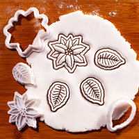 Set of 2 Poinsettia Flower & Leaf Mini Cookie Cutter & Stamp Sets