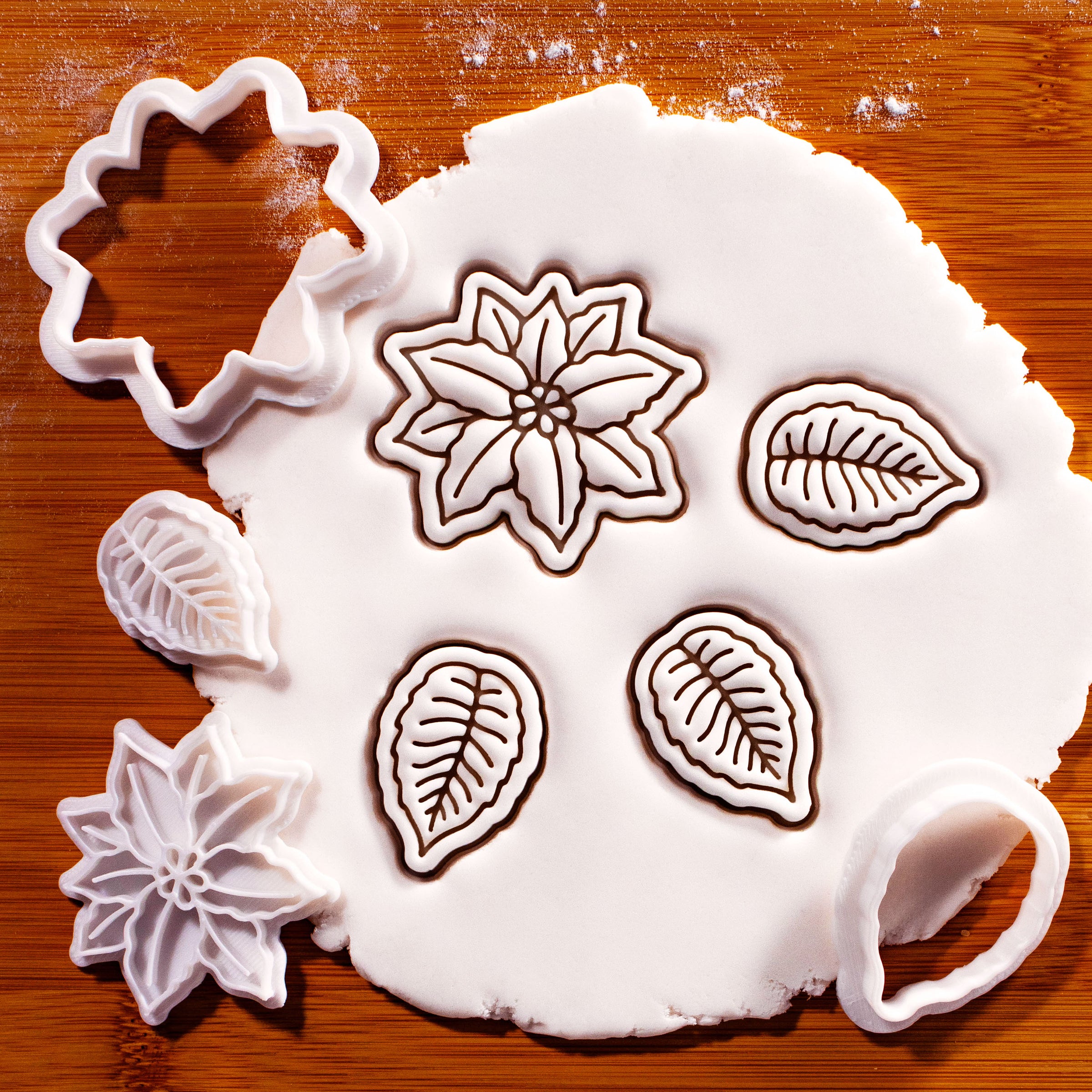 Set of 2 Poinsettia Flower & Leaf Mini Cookie Cutter & Stamp Sets