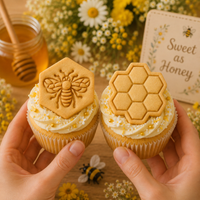 Set of 2 Honey Bee in Hexagon & Hexagonal Honeycomb Mini Cookie Cutter & Stamp Set