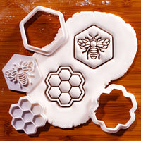 Set of 2 Honey Bee in Hexagon & Hexagonal Honeycomb Mini Cookie Cutter & Stamp Set