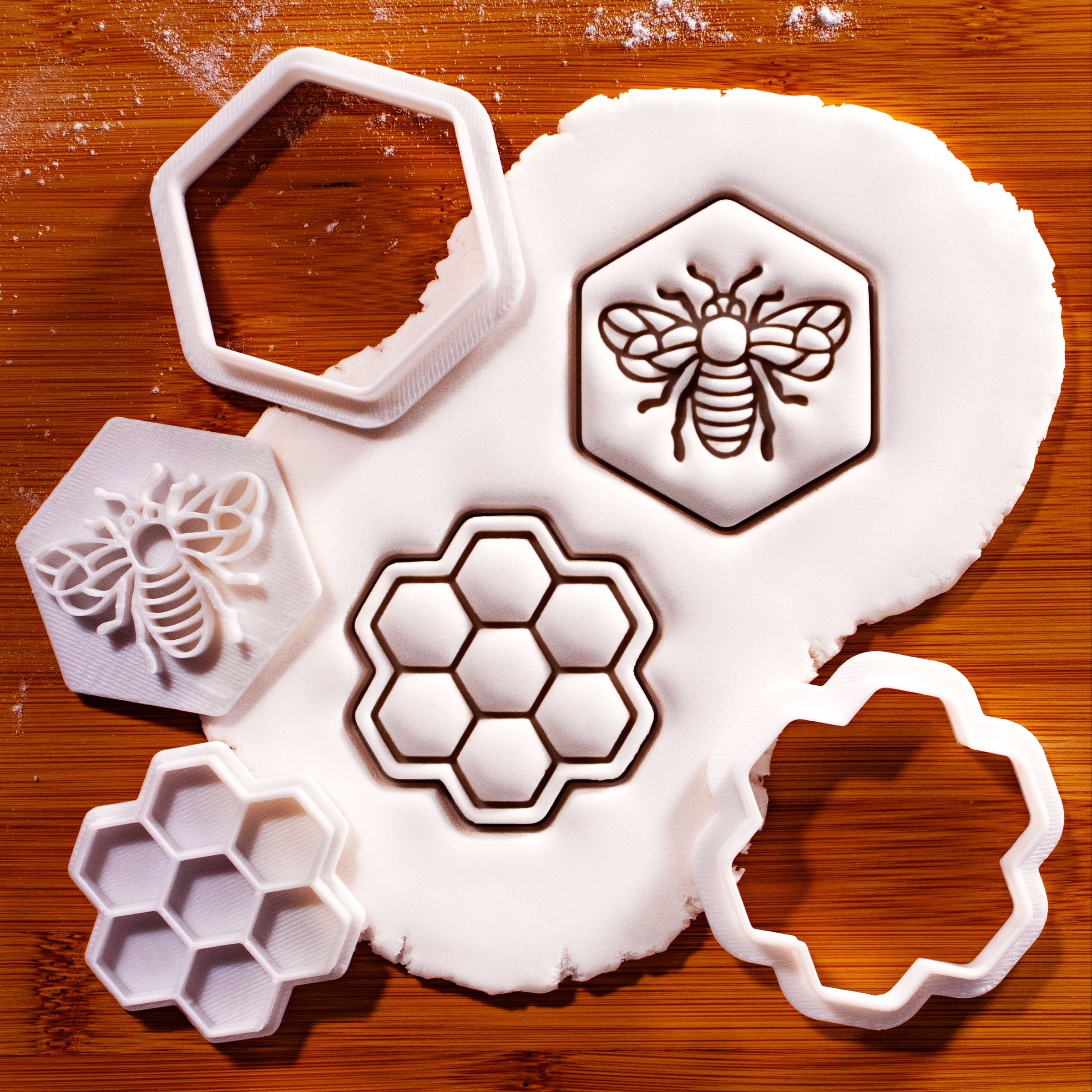Set of 2 Honey Bee in Hexagon & Hexagonal Honeycomb Mini Cookie Cutter & Stamp Set