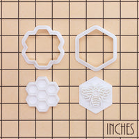Set of 2 Honey Bee in Hexagon & Hexagonal Honeycomb Mini Cookie Cutter & Stamp Set