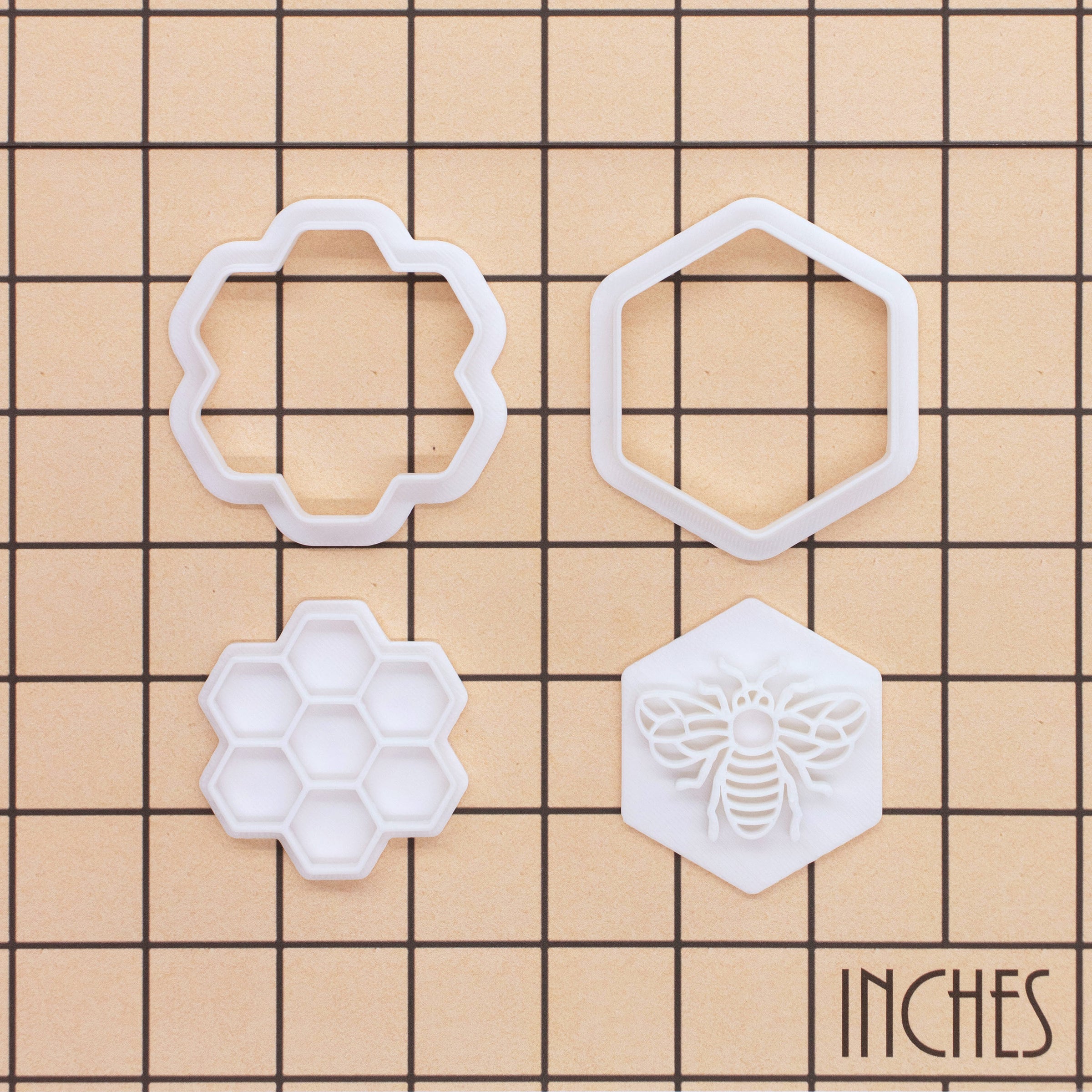 Set of 2 Honey Bee in Hexagon & Hexagonal Honeycomb Mini Cookie Cutter & Stamp Set