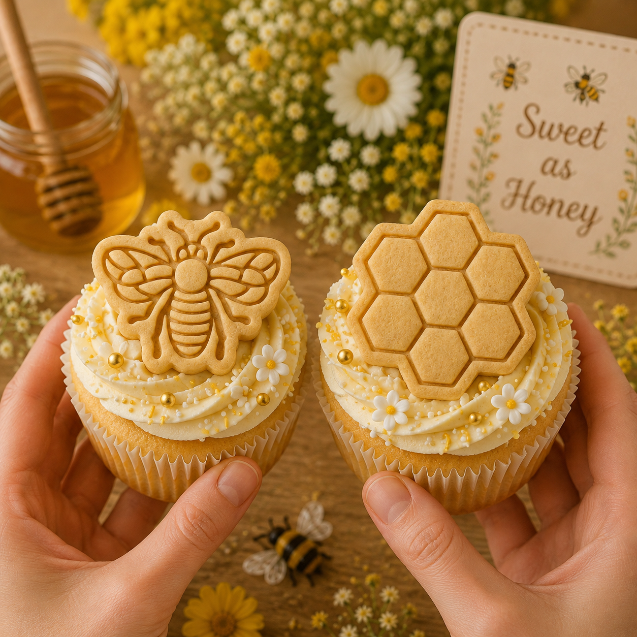 Set of 2 Bee Shaped Honey Bee & Hexagonal Honeycomb Mini Cookie Cutter & Stamp Set