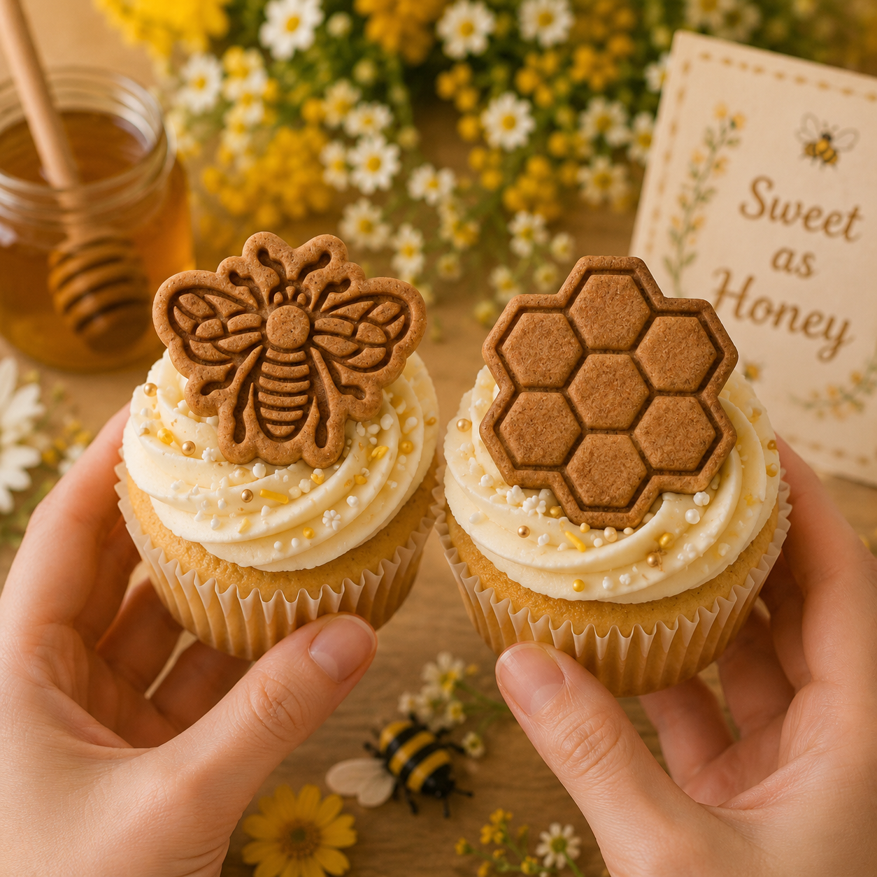 Set of 2 Bee Shaped Honey Bee & Hexagonal Honeycomb Mini Cookie Cutter & Stamp Set