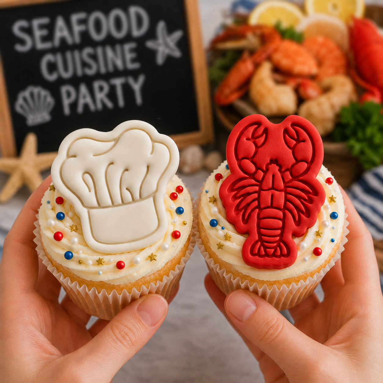 Set of 2 Lobster & Chef Hat Mini Cookie Cutter & Stamp Set