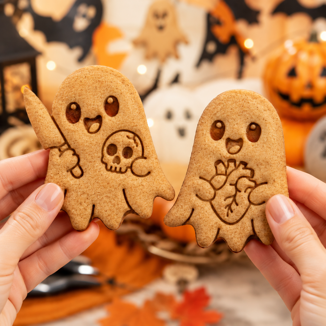 Set of 2 Mischievous Ghost with Skull & Anatomical Heart Ghost Cookie Cutters