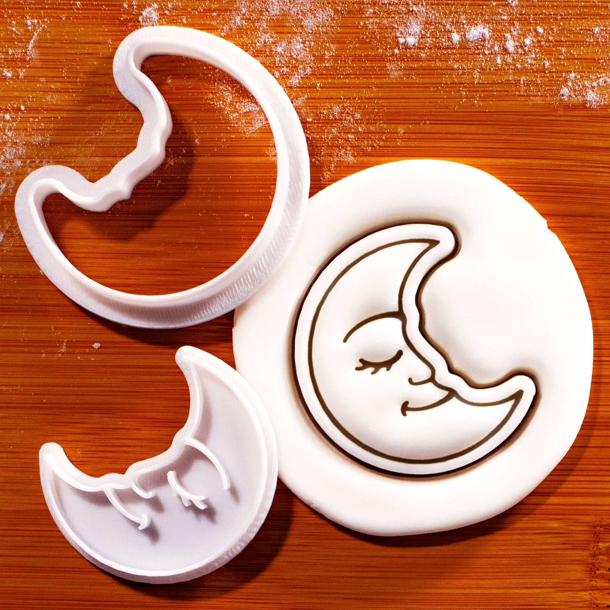 Celestial Moon Mini Cookie Cutter & Stamp Set with crescent moon fondant impression