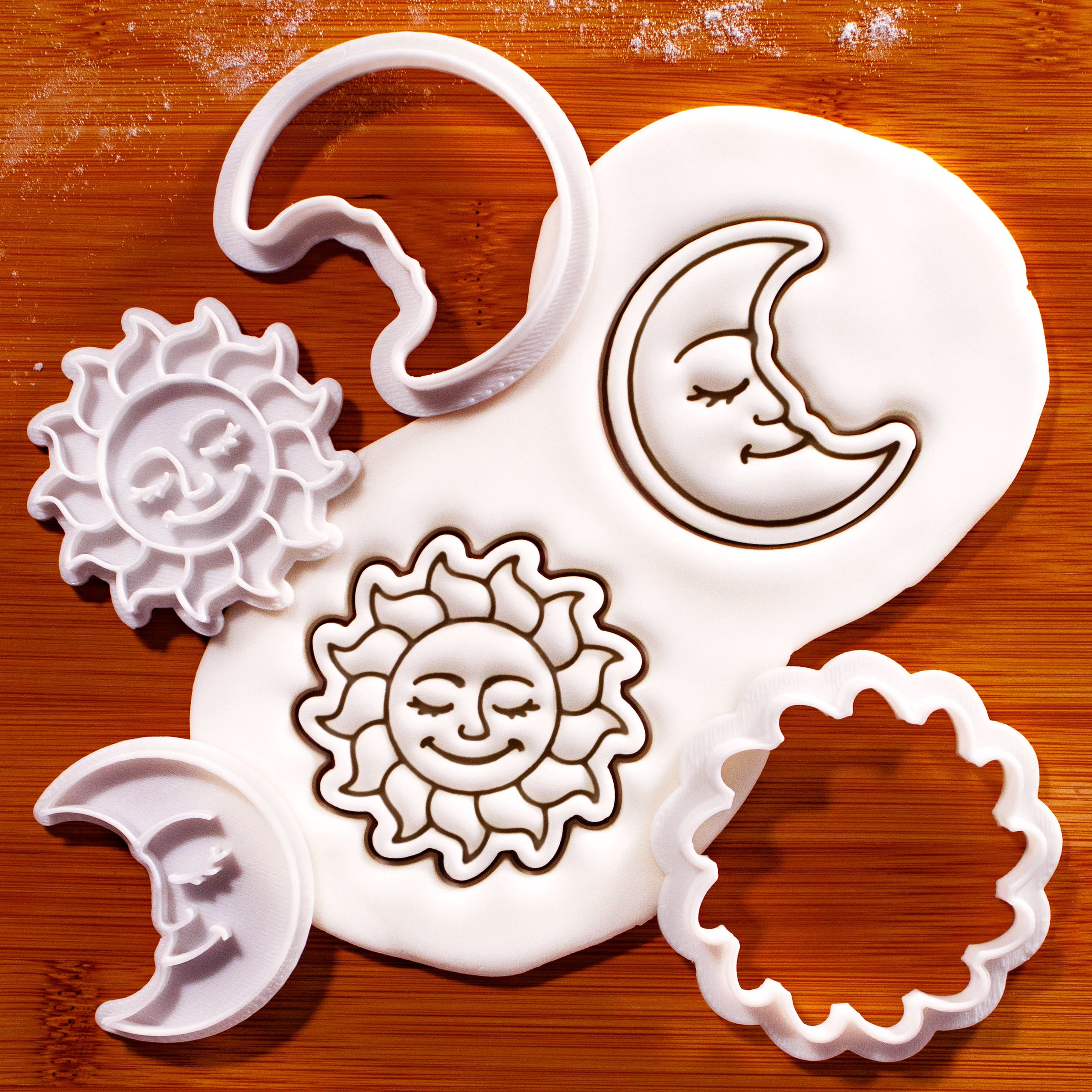 Set of 2 Celestial Sun & Moon Mini Cookie Cutter & Stamp Sets with fondant impressions