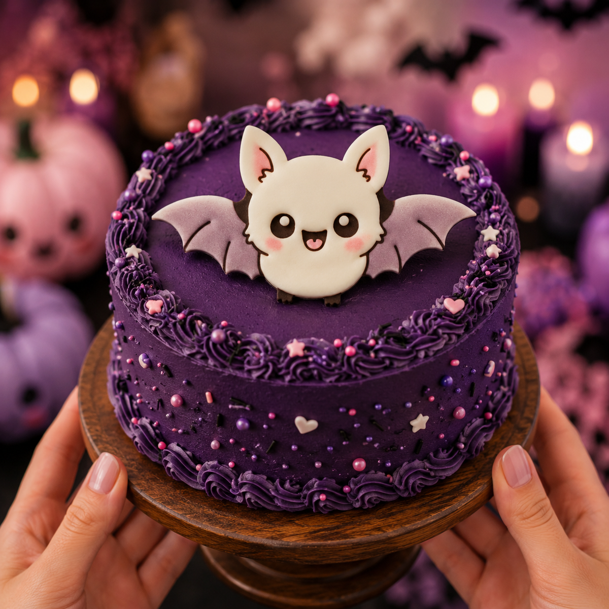 Flying chibi bat fondant cake topper on a purple Halloween cake with kawaii spooky decorations