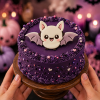 Flying chibi bat fondant cake topper on a purple Halloween cake with kawaii spooky decorations