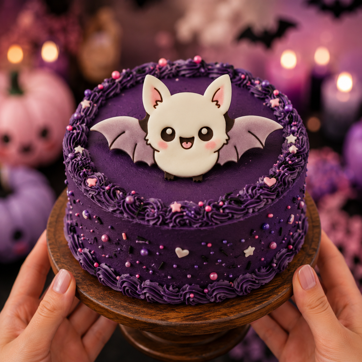 Flying chibi bat fondant cake topper on a purple Halloween cake with kawaii spooky decorations