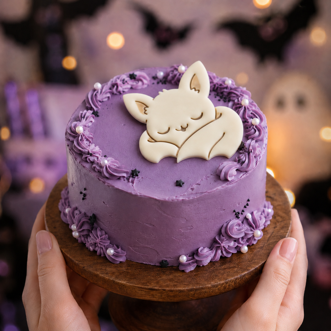 Sleeping chibi bat fondant cake topper on a purple kawaii Halloween cake