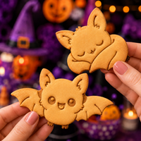 Flying and sleeping chibi bat cookies held in front of a cute spooky Halloween party background