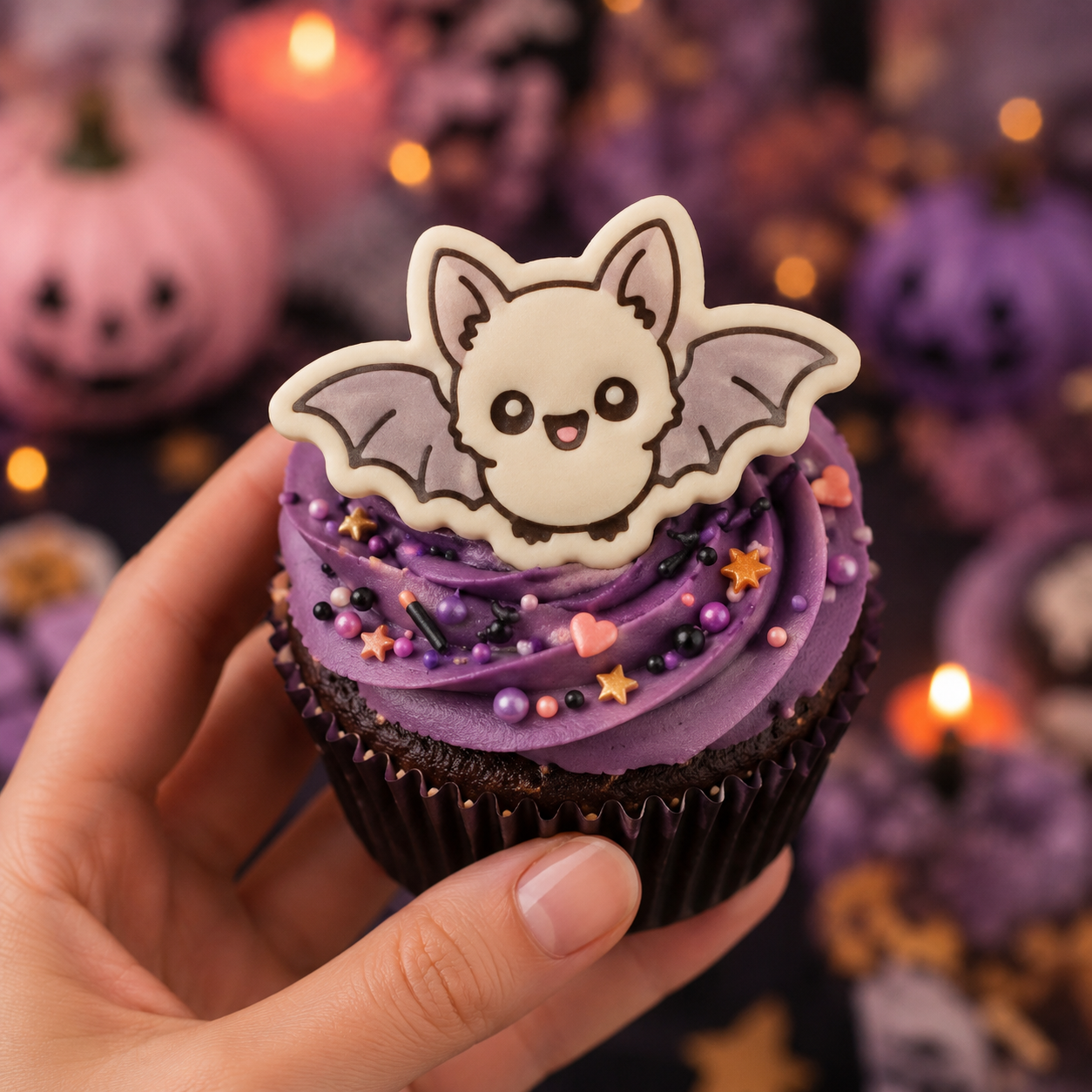 Close-up of a Halloween cupcake topped with a Flying Chibi Bat fondant decoration, purple frosting, and colourful sprinkles, held in a hand.