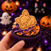 Sleeping chibi bat cookie used as a cupcake topper for a kawaii Halloween and vampire party