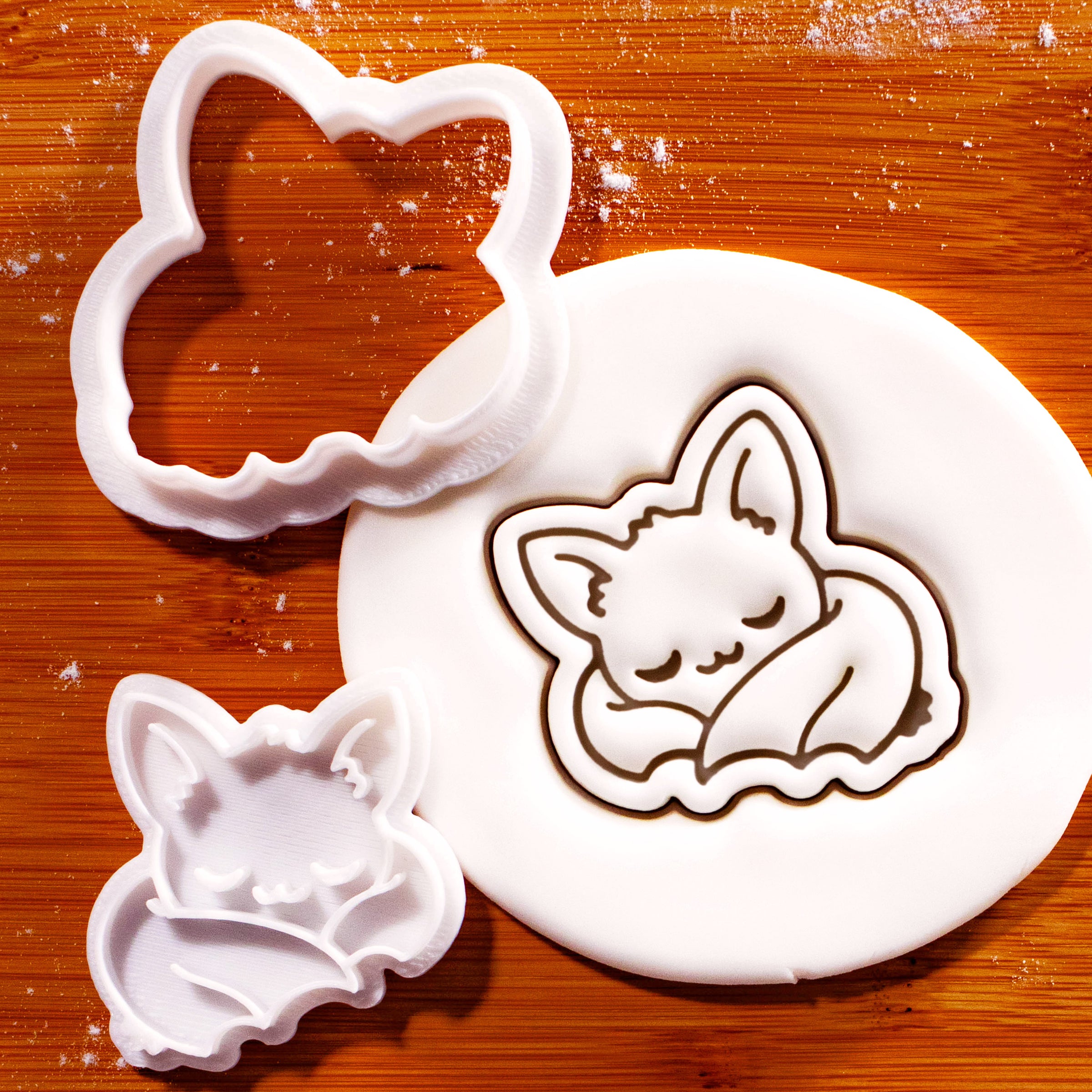 Sleeping Chibi Bat Mini Cookie Cutter & Stamp Set with detailed fondant impression for cute Halloween baking