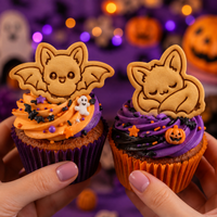 Flying and sleeping chibi bat cookies used as cupcake toppers for a cute spooky Halloween party
