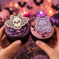 Flying and sleeping chibi bat fondant cupcake toppers with detailed stamp impressions for kawaii Halloween baking