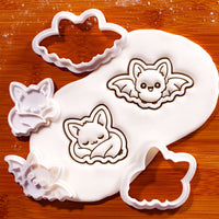 Set of Flying and Sleeping Chibi Bat Mini Cookie Cutters and Stamps with detailed fondant impressions for Halloween baking