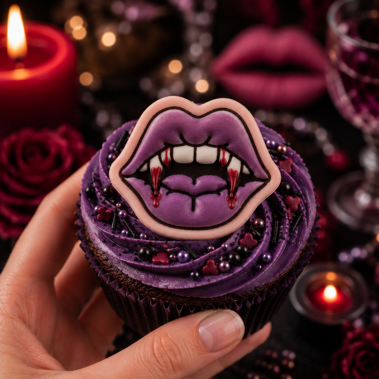 Purple vampire fang lips fondant cupcake topper with dripping blood details for vampire-themed Halloween baking
