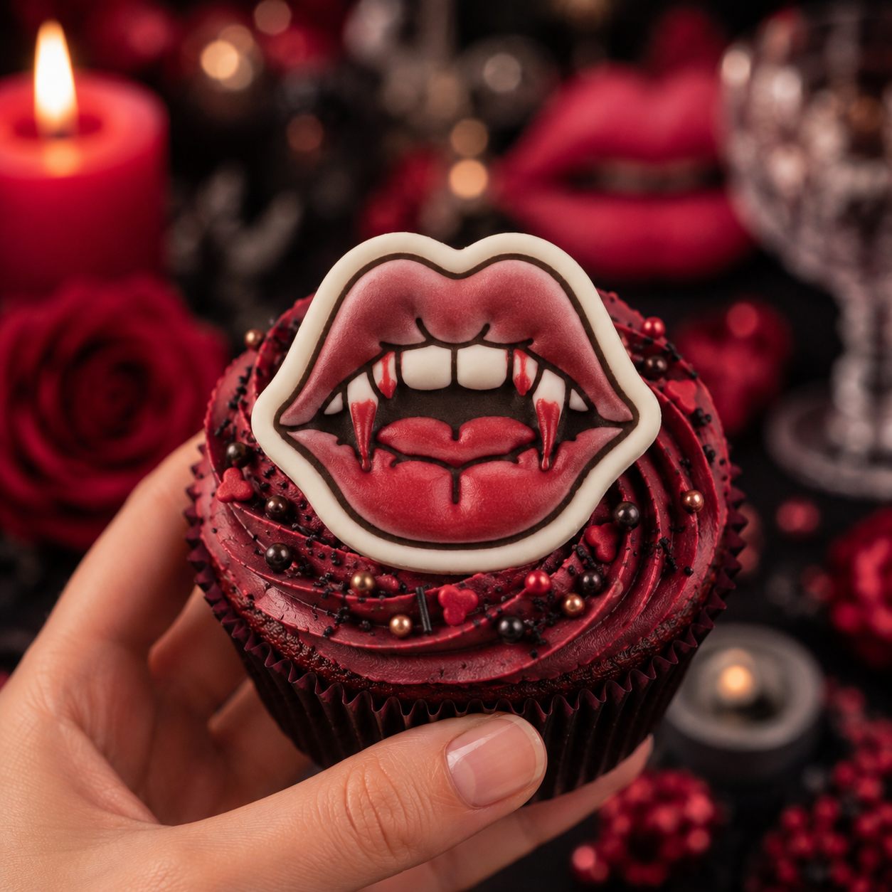 Red vampire lips and dripping fang fondant cupcake topper for gothic Halloween and Dracula party baking