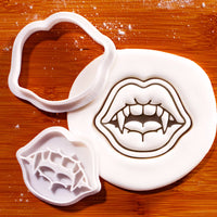 Vampire Fang Kiss Mini Cookie Cutter and Stamp Set with detailed vampire lips and fang impression in fondant