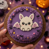 Cute sitting chibi bat fondant cake topper on a purple Halloween cake with stars and bat decorations