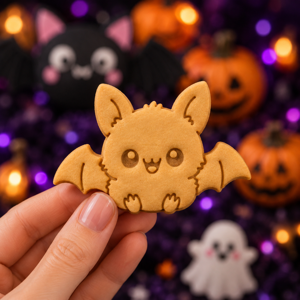 Embossed sitting chibi bat cookie with wings and tiny fangs held against a spooky Halloween party background