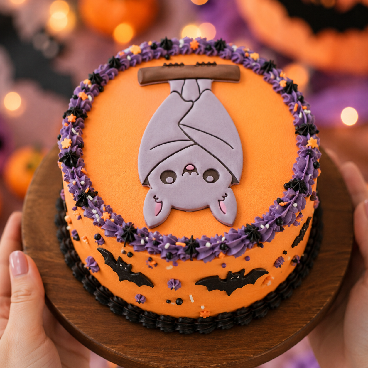 Cute hanging chibi bat fondant cake topper on an orange and purple Halloween cake with bat decorations