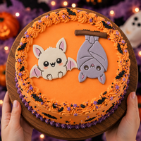 Sitting and upside-down hanging chibi bat fondant cake toppers on an orange Halloween cake with purple icing and bats