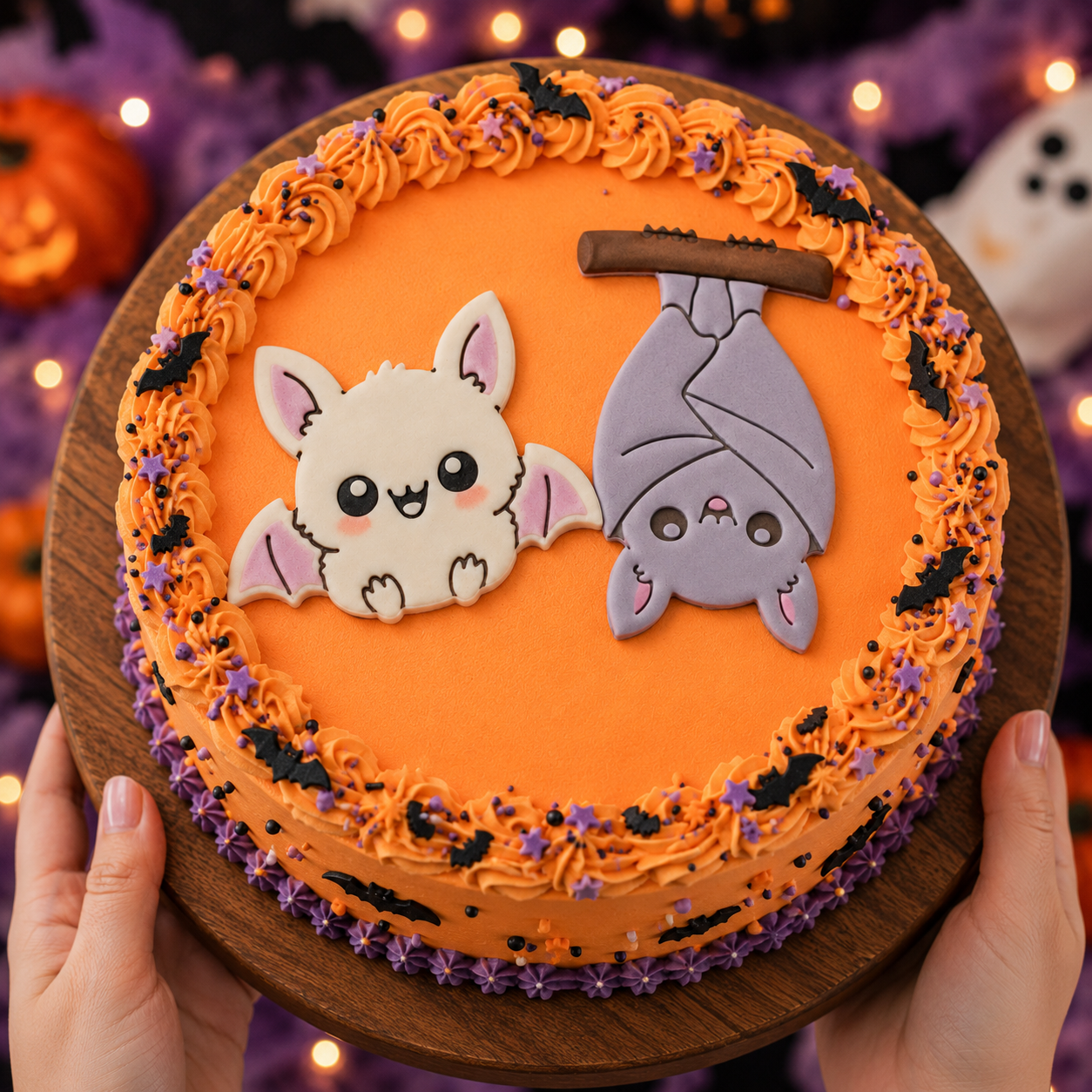 Sitting and upside-down hanging chibi bat fondant cake toppers on an orange Halloween cake with purple icing and bats