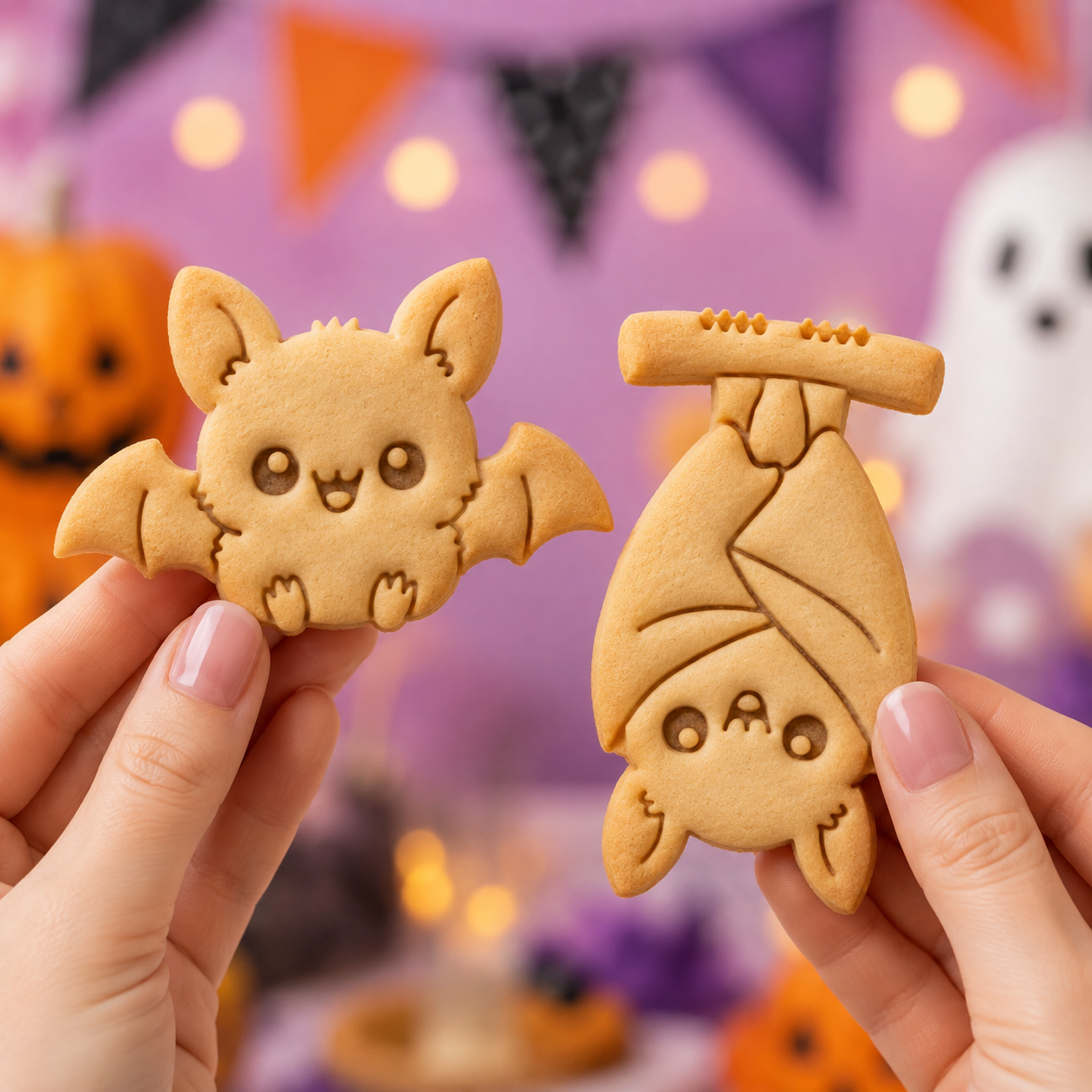 Sitting and hanging chibi bat embossed cookies held by two hands against a cute purple and orange Halloween party background