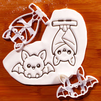 Set of 2 sitting and hanging chibi bat cookie cutters with detailed embossed Halloween bat designs