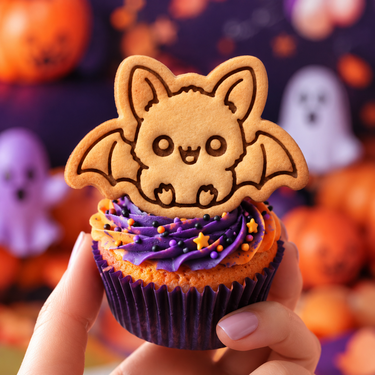 Cute sitting chibi bat embossed cookie used as a Halloween cupcake topper with orange and purple icing