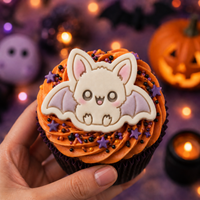 Kawaii sitting vampire bat fondant cupcake topper on orange Halloween frosting with purple stars